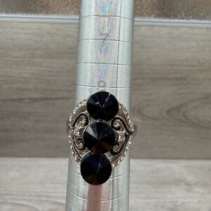 Elegant Black Stone Silver Tone Ring